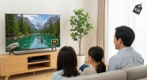 משפחה נהנית מחוויית צפייה חלקה ואיכותית בשירות IPTV איכותי ומשתלם, בניגוד לבעיות של שירותים חינמיים.