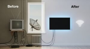 השוואה ויזואלית: צד אחד מציג טלוויזיה ישנה עם כבלים וצלחת לוויין, והצד השני מציג טלוויזיה חכמה מודרנית עם חיבור IPTV נקי.