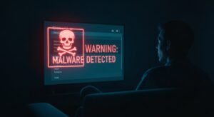 איור המדגיש את הסיכון האבטחתי בשימוש ב-IPTV חינם: צופה מול מסך טלוויזיה המציג אזהרת וירוס ותוכנה זדונית.