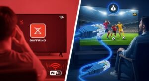 השוואה ויזואלית: צופה מתוסכל מול שידור נתקע בחיבור Wi-Fi, לעומת צופה מרוצה הנהנה משידור חלק בזכות חיבור אינטרנט קווי ויציב.