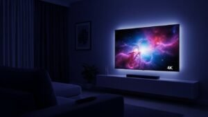 סלון מודרני עם טלוויזיה חכמה המציגה תמונת IPTV 4K חדה וצבעונית.