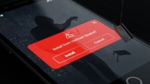 טקסט אלטרנטיבי (Alt Text): איור קונספטואלי המזהיר מפני סיכוני אבטחה וגניבת פרטי אשראי בעת התקנת אפליקציית IPTV פיראטית ממקור לא ידוע.