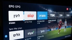 צילום מסך של ממשק משתמש איכותי ומדריך שידורים (EPG) מסודר בעברית, המדגים את חווית הצפייה בשירות IPTV חוקי.