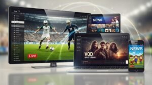 קולאז' של מכשירים שונים (טלוויזיה, מחשב נייד, טאבלט וסמארטפון) המציגים תכני IPTV מגוונים, ומדגימים את גמישות השירות.