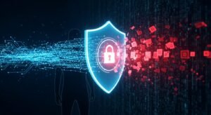 איור קונספטואלי של מגן וירטואלי (VPN) המגן על פרטיות המשתמש בזמן צפייה בטלוויזיה באינטרנט.