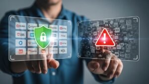 איור קונספטואלי המציג בחירה בין שירות IPTV חוקי ומאובטח, המסומן במנעול ירוק, לבין שירות פיראטי ולא יציב, המסומן במשולש אזהרה אדום.