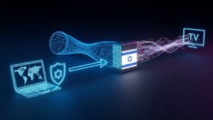 איור מופשט המראה כיצד VPN יוצר מנהרה דיגיטלית מאובטחת ממחשב נייד בחו"ל לשרת בישראל, ומאפשר זרימת תוכן טלוויזיוני ללא חסימות.