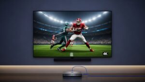 מערכת בידור ביתית מודרנית ומושלמת לצפייה ב-IPTV 4K, הכוללת טלוויזיה גדולה, סטרימר המחובר בכבל רשת, ואווירה קולנועית.