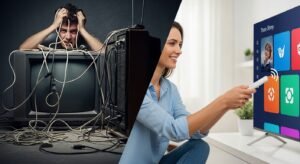 השוואה בין הבלגן של טלוויזיה בכבלים לפשטות של טלוויזיה מודרנית באינטרנט.

