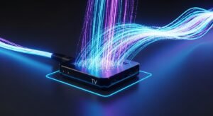 סטרימר IPTV מחובר לסיב אופטי המציג מהירות גלישה ויציבות שידור.