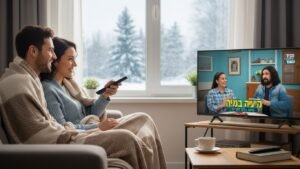 זוג ישראלי מחייך צופה בהנאה בטלוויזיה ישראלית בסלון ביתם בחו"l, עם נוף מושלג מבעד לחלון, הממחיש את הצלחת הפתרון.