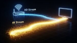 איור מופשט הממחיש את ההבדל ברוחב הפס הנדרש לסטרימינג: זרם דק של מידע עבור HD לעומת זרם עבה ורחב של מידע עבור 4K.