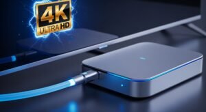 צילום תקריב של סטרימר המציג שידורי טלוויזיה ישראליים באיכות 4K.