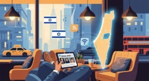 אדם בחו"ל צופה בערוצי טלוויזיה ישראליים באמצעות טאבלט וחיבור אינטרנט.