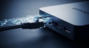 כבל רשת מחובר לסטרימר כדי להבטיח שידור יציב ללא תקיעות בערוצי ספורט IPTV.