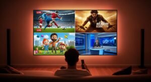 A person on a couch watching a multi-zone screen showing live sports, movies, kids' content, and Israeli news simultaneously via IPTV Android.