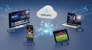 גרפיקה המסבירה איך מנוי IPTV מזרים תוכן משרת מרכזי למכשירים שונים: טלוויזיה, מחשב, סמארטפון וטאבלט.