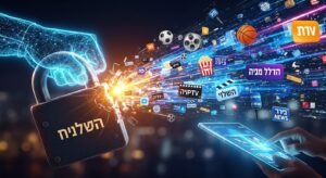 איור מושגי של אגרוף דיגיטלי שובר מנעול עליו כתוב "התחייבות", כשממנו פורצים סמלים של ספורט, סרטים וערוצים ישראליים.