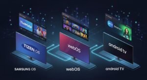 איור תלת-ממדי של שלוש טלוויזיות חכמות (סמסונג, LG, אנדרואיד) עם אפליקציות IPTV מומלצות צפות מעליהן. (3D illustration of three Smart TVs (Samsung, LG, Android) with recommended IPTV apps floating above them.)