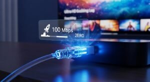 סיב אופטי מחובר לסטרימר, עם תצוגת מהירות אינטרנט מהירה ושידור 4K נקי
