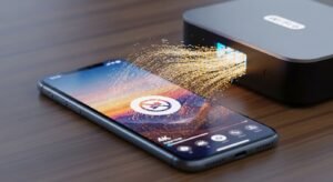 תקריב של אייפון המקבל זרם נתונים מהיר מנתב Wi-Fi ומציג סרט באיכות 4K, המדגים שיפור איכות IPTV לאייפון. (Close-up of an iPhone receiving a fast data stream from a Wi-Fi router and displaying a 4K movie, demonstrating IPTV quality improvement for iPhone.)