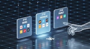 שלושה כרטיסי חבילות מנוי IPTV צפים באוויר, עם כיתובים "בסיסי", "פרימיום", ו"משפחתי" בעברית.