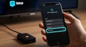 מסך טלוויזיה חכם המציג את תהליך התקנת אפליקציית מנוי IPTV, כולל הזנת שם משתמש וסיסמה.