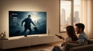 זוג ישראלי צופה בטלוויזיה חכמה בסלון מודרני, עם כיתוב "ניסיון חינם" על המסך.