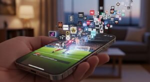 אייפון 15 פרו מציג משחק כדורגל בשידור חי עם אייקונים הולוגרפיים של ערוצי טלוויזיה, המדגים IPTV לאייפון. (iPhone 15 Pro displaying a live football match with holographic TV channel icons, demonstrating IPTV for iPhone.)