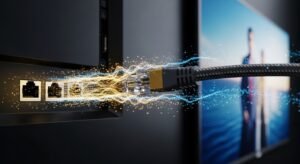 תקריב של כבל רשת מתחבר לטלוויזיה חכמה, המדגים מניעת תקיעות בשידור IPTV לסמארט TV דרך חיבור קווי. (Close-up of a network cable connecting to a Smart TV, demonstrating buffering prevention in IPTV streaming to Smart TV via wired connection.)