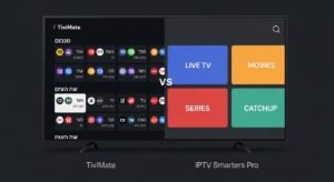A split-screen comparison on a TV showing the detailed EPG of TiviMate on the left and the tiled dashboard of IPTV Smarters Pro on the right, both in Hebrew.