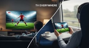 תמונה המציגה צפייה בטלוויזיה בבית ובדרכים בו-זמנית, המדגישה את יתרון הניידות
