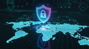 מנעול דיגיטלי ומפת עולם המייצגים שימוש ב-VPN לצפייה בטוחה