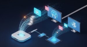 איור טכנולוגי של הזרמת נתונים מהאינטרנט למכשירים שונים כמו טלוויזיה וסמארטפון באמצעות IPTV.