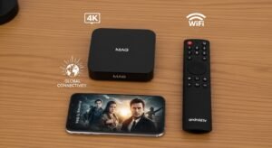 אוסף מכשירי סטרימינג כולל מכשיר MAG וסמארטפון, המייצגים את אפשרויות החיבור לשירות.