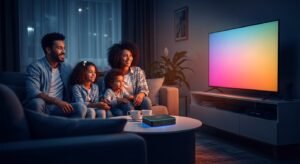 משפחה נהנית מצפייה בטלוויזיה ויודעת האם IPTV תואם למכשירי MAG