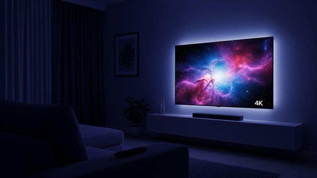 סלון מודרני עם טלוויזיה חכמה המציגה תמונת IPTV 4K חדה וצבעונית.