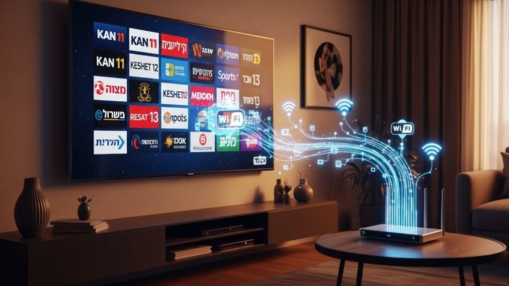 סלון מודרני עם טלוויזיית 4K המציגה לוגואים של ערוצים ישראליים, כאשר זרמי נתונים דיגיטליים זורמים מנתב אינטרנט למסך, וממחישים את טכנולוגיית IPTV.