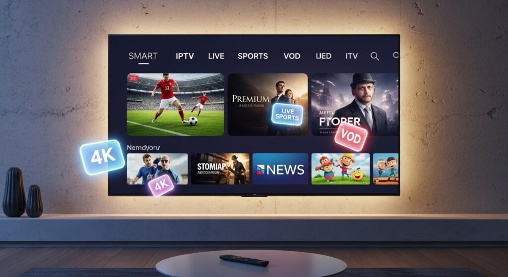 טלוויזיה חכמה גדולה המציגה ממשק IPTV מגוון בסלון מודרני, מדריך מקיף ל-IPTV לסמארט TV. (Large Smart TV displaying a diverse IPTV interface in a modern living room, complete guide to IPTV for Smart TV.)