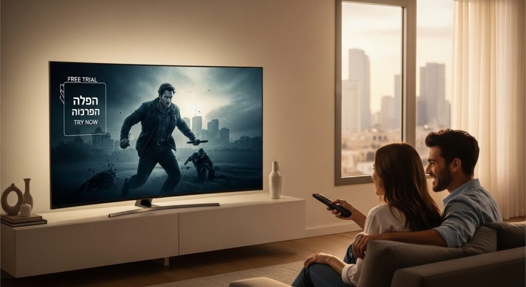 זוג ישראלי צופה בטלוויזיה חכמה בסלון מודרני, עם כיתוב "ניסיון חינם" על המסך.